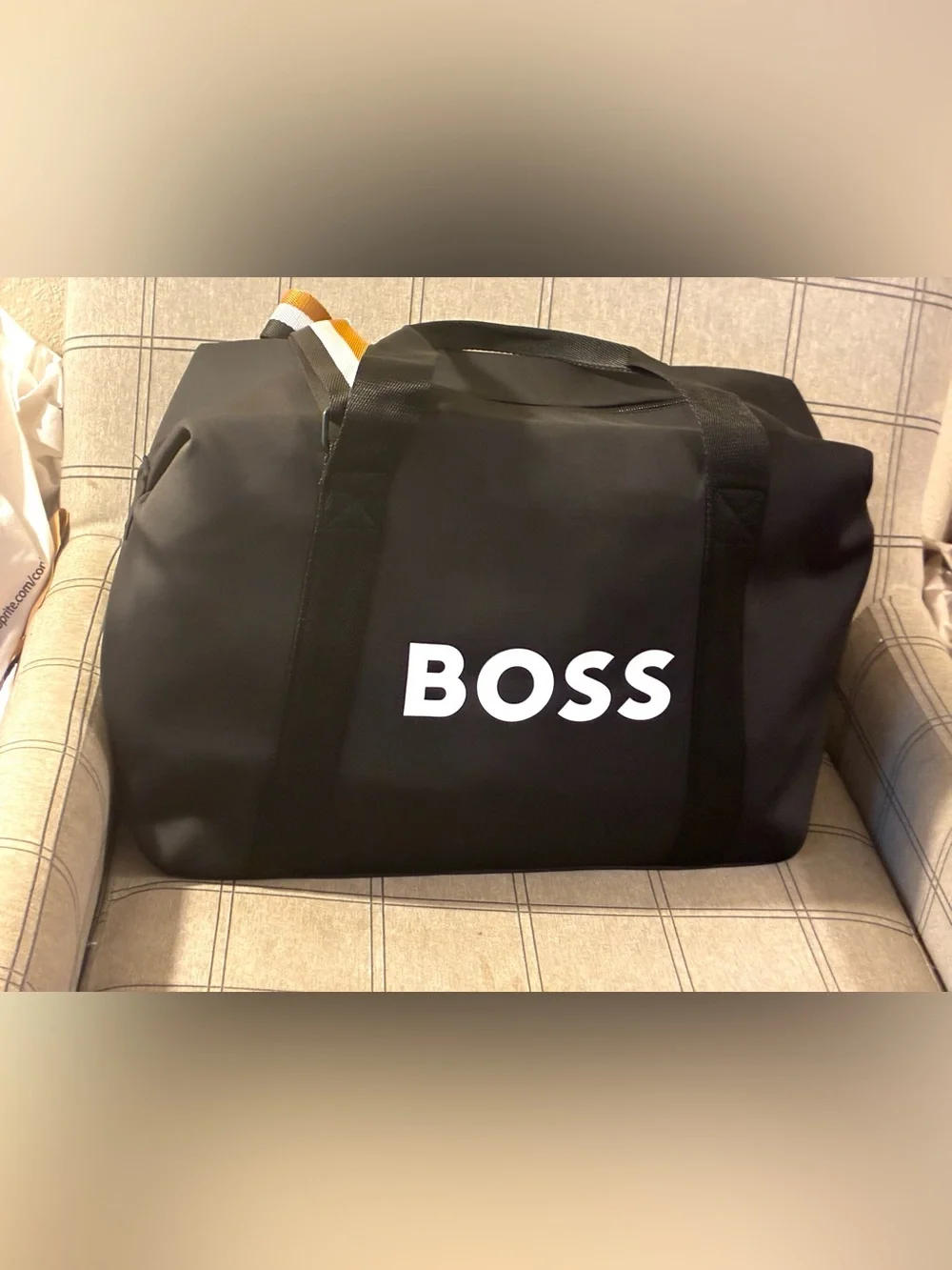 Ace!Hugo Boss Black Duffel Bag with White Logo and Royal Blue brown white strap